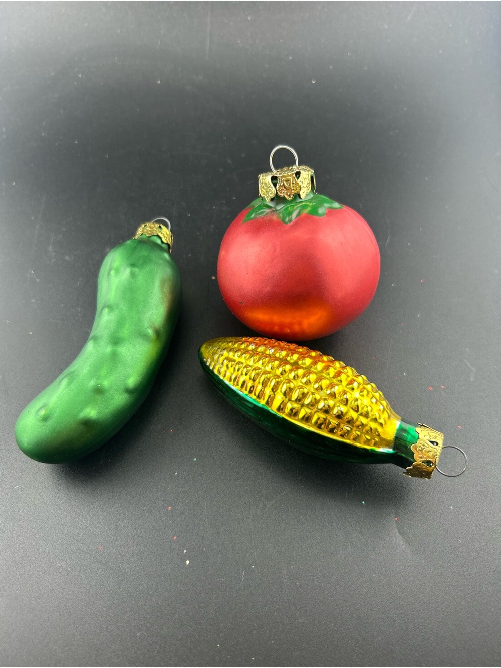 Vintage Blown Glass Vegetable Ornaments - Corn, Tomato, & Lucky Pickle Trio!